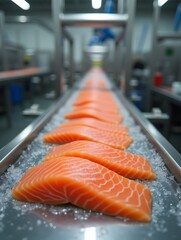 Salmon Fillets on a Conveyor Belt in a Food Processing Factory