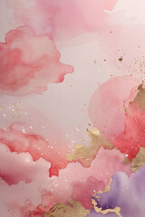 Abstract watercolor design featuring pink and gold hues on a textured background