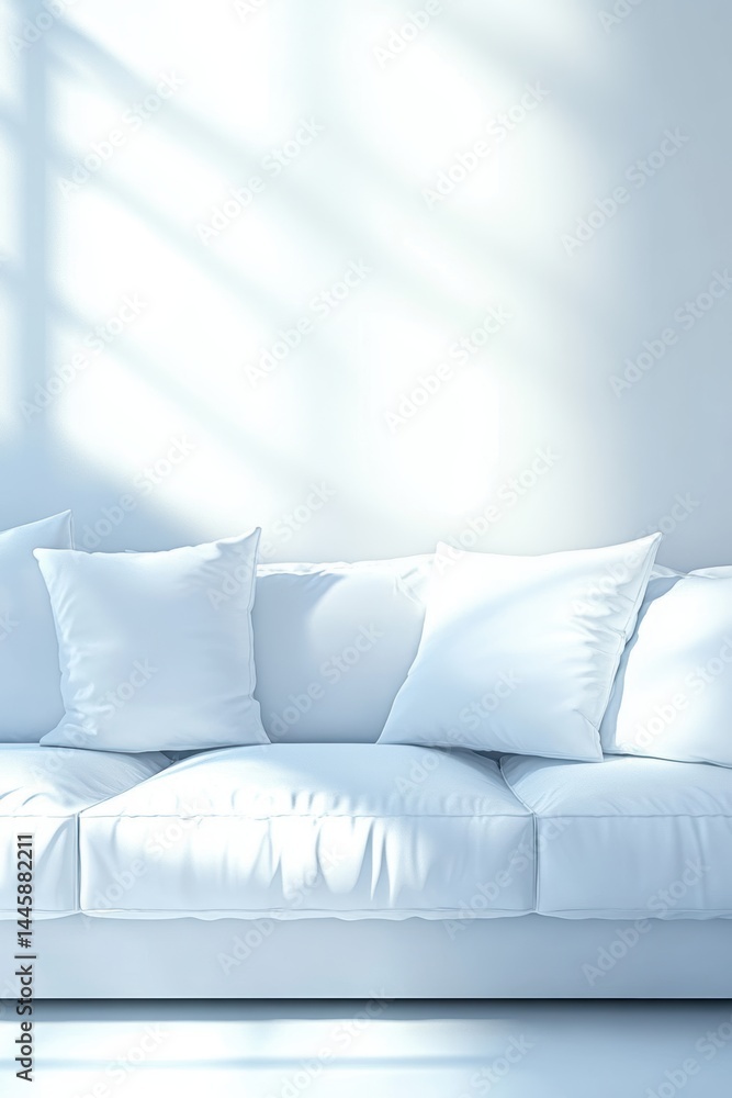 Poster tranquil minimalist interior design with clean white sofa cushions and window light casting shadow p
