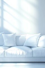 Obraz premium Tranquil Minimalist Interior Design with Clean White Sofa Cushions and Window Light Casting Shadow Patterns