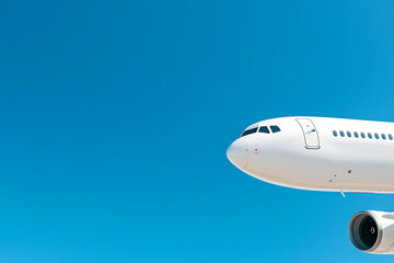 Naklejka premium A commercial airplane soars through a clear blue sky, with only a few clouds visible. The angle captures the plane's powerful engine and clean, white fuselage.