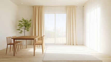 Fototapeta premium Bright Dining Room Interior with Wooden Table Chairs Beige Curtains Plant and Sunlight Casting Soft Shadows and a Minimalist Scandinavian Design