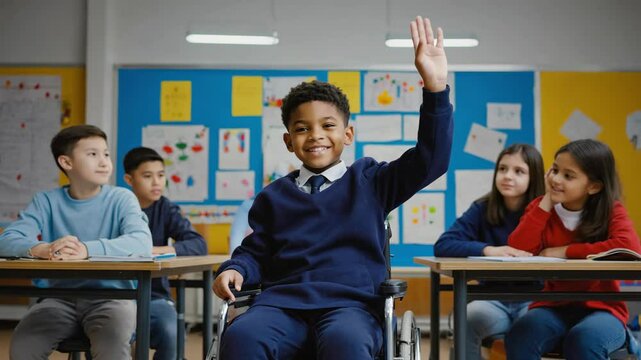 Smiling boy with disability raises hand confidently in classroom, showing participation, inclusion and equal opportunity in a diverse and welcoming learning environment