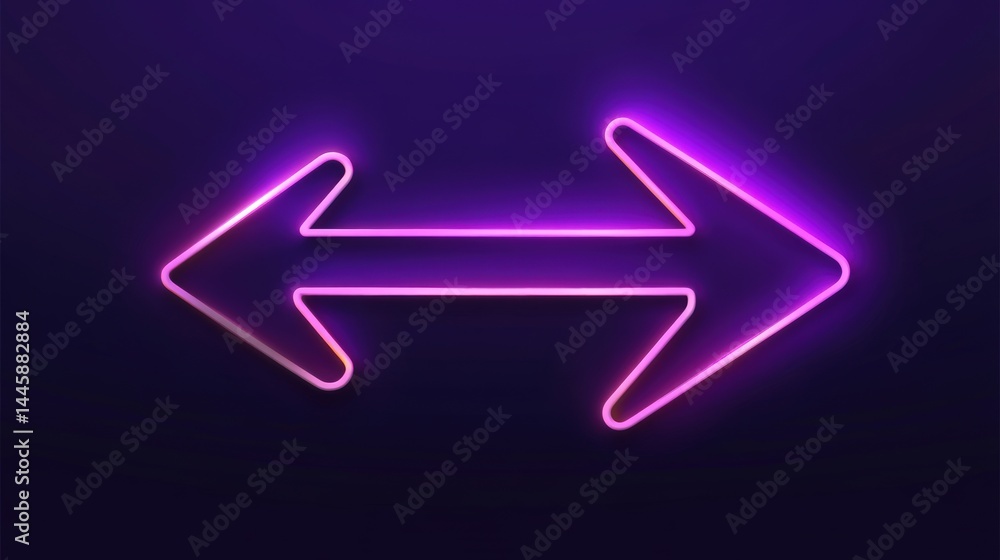 Poster an abstract glowing neon arrow points both ways on a dark background. the arrow is vivid purple and 