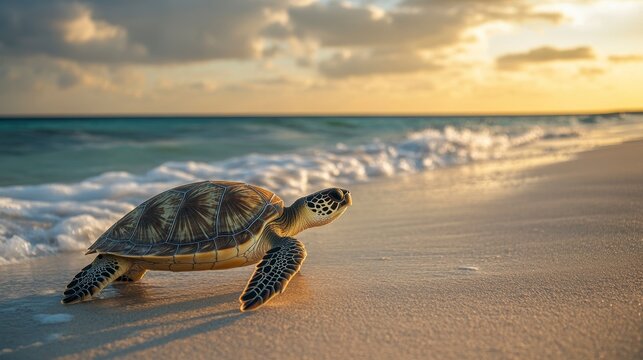 Sea turtle crawling on sandy beach at sunset.