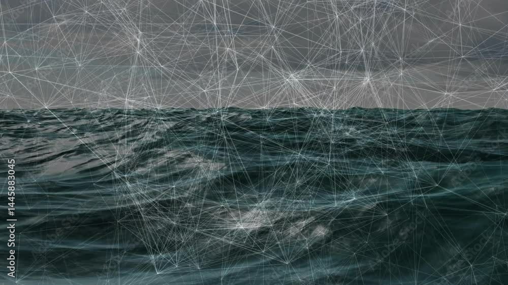 Poster dark ocean waves flowing under digital mesh overlay, displaying data network lines and nodes