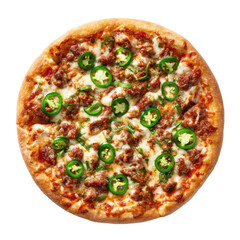 Overhead view of a pizza with meat cheese and jalapeño toppings