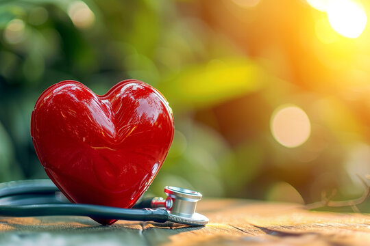 The concept of heart health and health insurance is symbolized by a red heart with a stethoscope, representing the importance of World Heart Day, World Health Day, and World Hypertension Day   