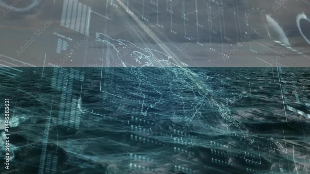 Poster showing holographic world map floating over ocean, featuring data panels and streamlines