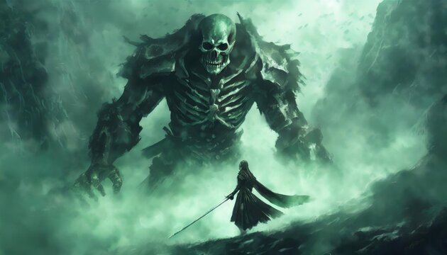 A lone warrior with a sword confronts a towering skeletal monster in a dark misty canyon of green fog