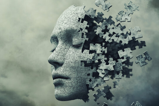 A surreal, emotional image of a fragmented human face dissolving into scattered puzzle pieces, representing memory loss and confusion in dementia.