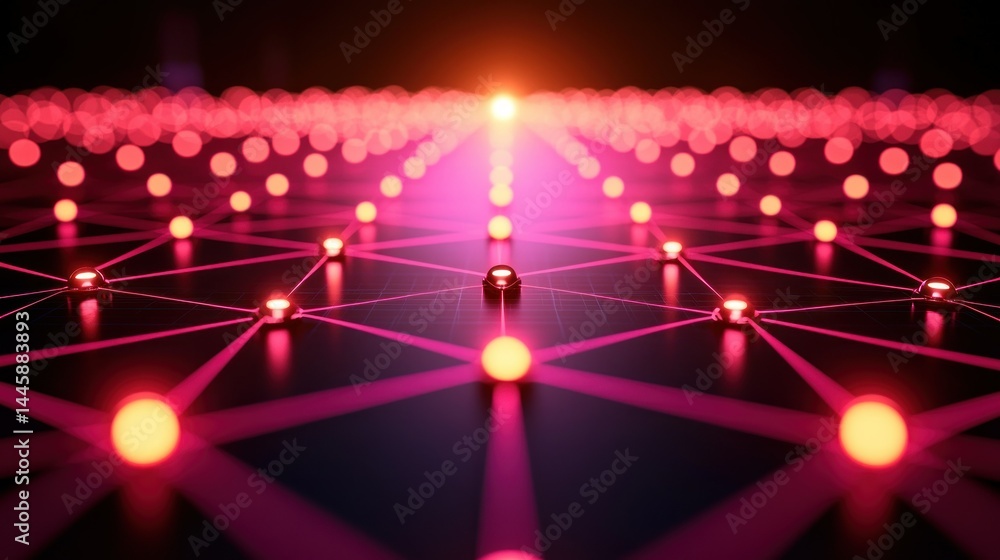 Poster glowing red nodes connected by lines on a dark surface