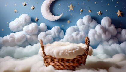 Whimsical baby basket on soft clouds with moon and stars in a dreamlike nursery scene of peace and imagination