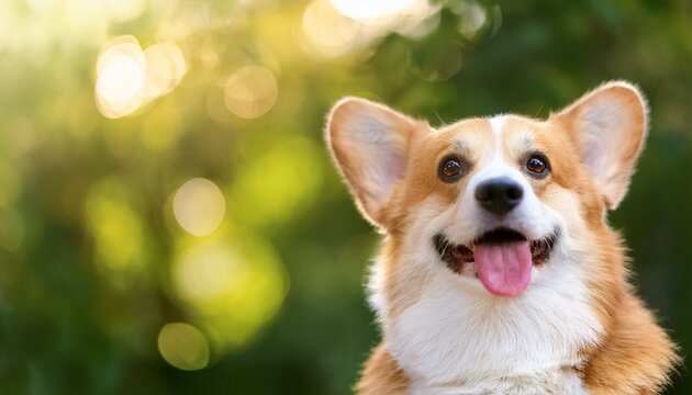 close up corgi dog with the bokeh green outdoor background for banner or cover picture animal smile concept