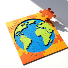 Puzzle piece of Earth completing a colorful jigsaw map  