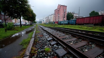 Fototapeta premium Urban Railway Tracks Next to Sidewalk with Wet Pavement and Rain-Soaked Greenery in a Cityscape