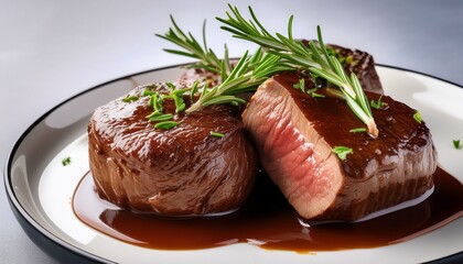 succulent beef medallions on white plate garnished with fresh rosemary in rich glaze close up