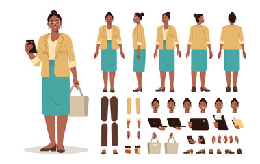 Casual business woman holding smartphone. Character constructor for animation. Front, side and back view set. Body parts, postures, poses collection. Vector illustration.