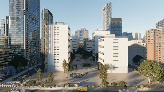 3D establishing render of a generic city with tall skyscrapers and traffic. Wide-angle zoom-in shot.