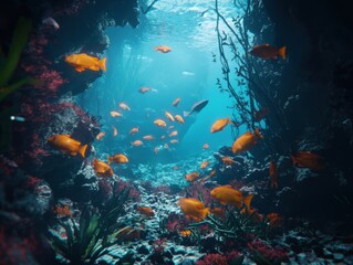 Fototapeta premium Underwater Paradise with Golden Fish in Tranquil Ocean Coral Reef Captivating Marine Beauty