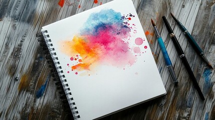 Colorful watercolor paint splatter on sketchbook with brushes on wooden table.