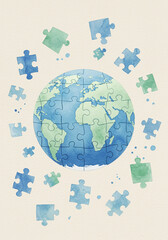 Earth puzzle pieces in watercolor style on a soft background  