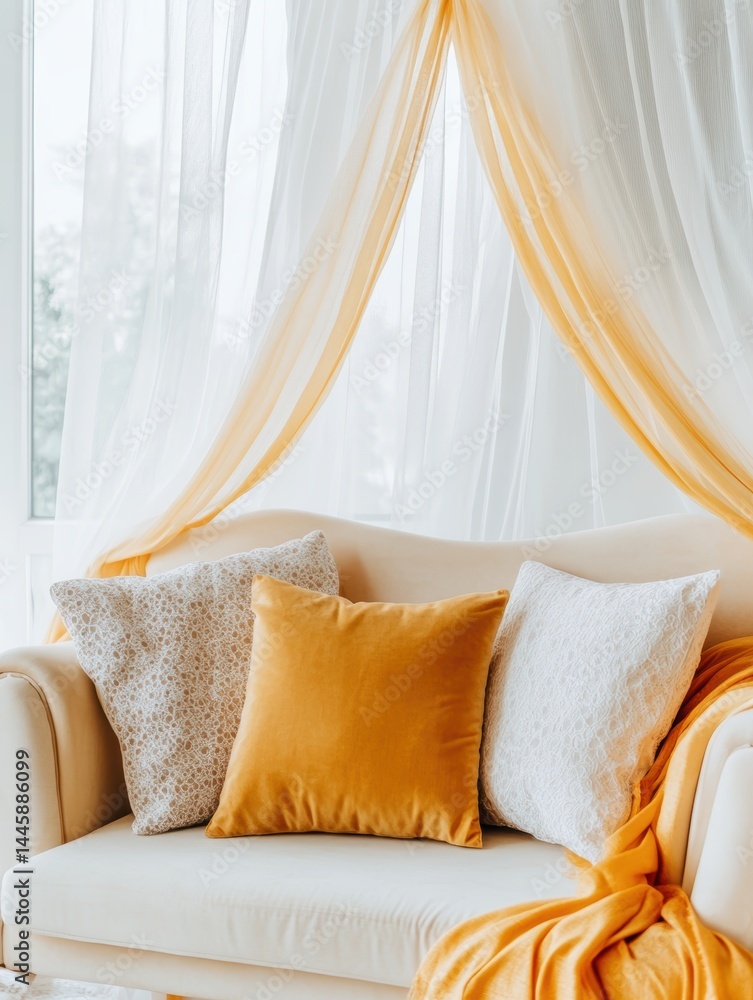 Poster comfortable sofa with decorative pillows against a window with light curtains creating a cozy interi