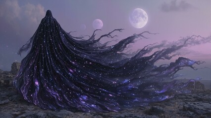 Fototapeta premium Fractured granite reveals amethyst depths, illuminated by moonlight on a mossy stone outcrop.