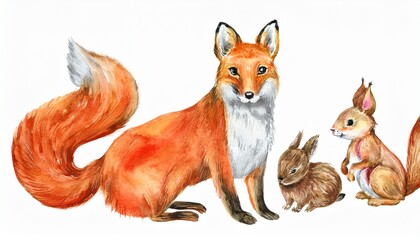 Obraz premium watercolor drawing forest animals squirrels red foxes and rabbits isolated at white background hand drawn illustration