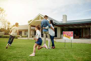 Yard, real estate and new home for family, hug and milestone for homeowner with property and...