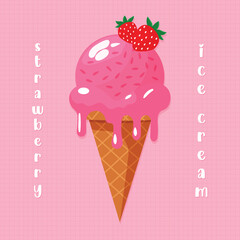 strawberry ice cream in waffle cone flat vector illustration.