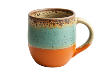 Handcrafted ceramic mug earthy tones teal orange brown rustic style unique design speckled glaze