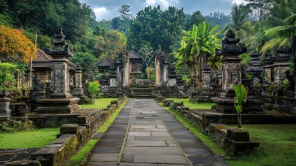 Ancient stone path through lush tropical garden