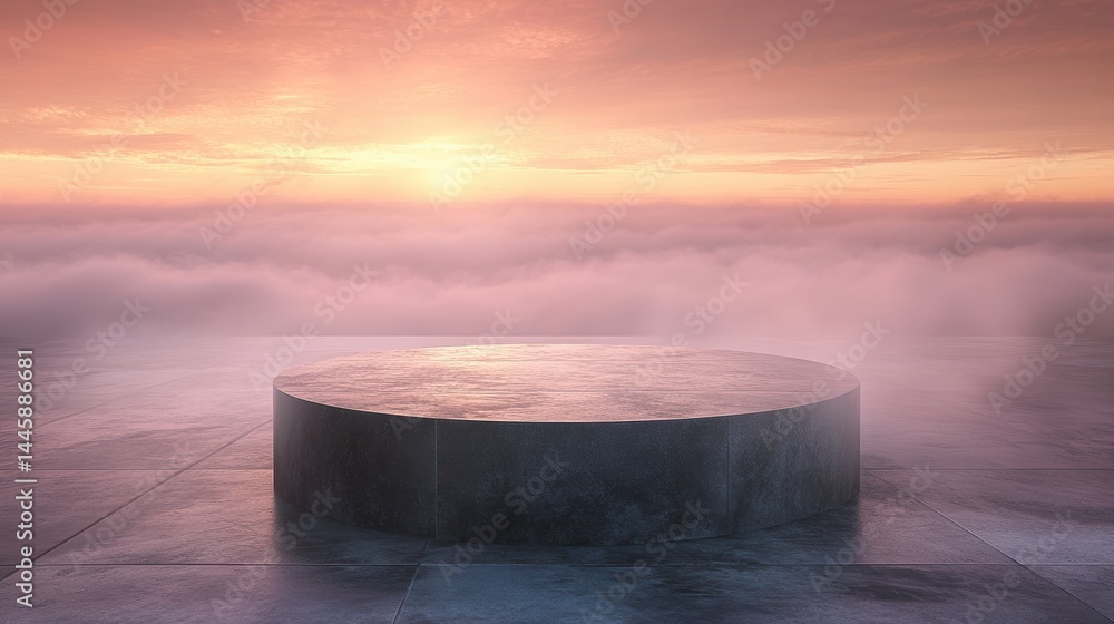 Poster serene sunset above cloudscape with round platform for product display in minimalist abstract style