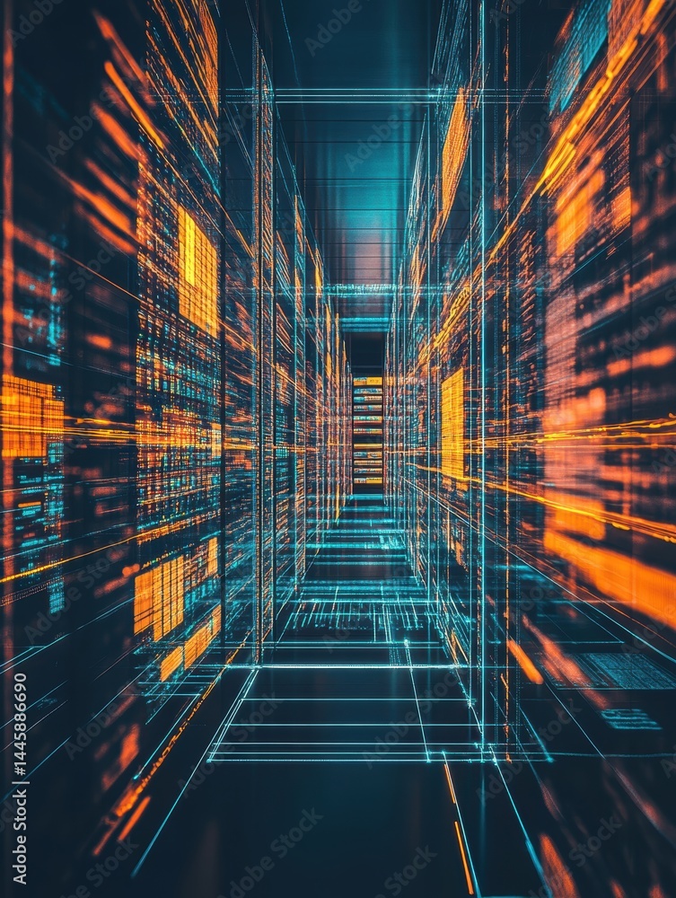 Poster abstract geometric corridor illuminated with dynamic neon lines creating a futuristic perspective te