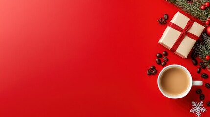 Cozy Christmas Morning Coffee: A Festive Holiday Gift and Warm Drink on Red Background