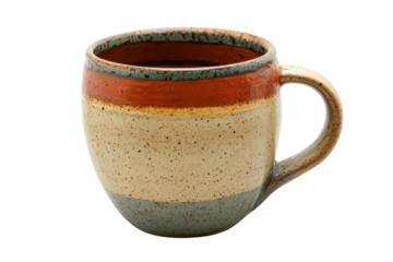 Rustic handcrafted mug earthy tones beige orange teal stripes speckled texture cozy warm handmade