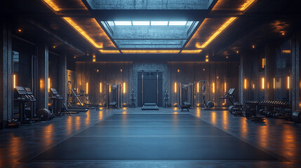Modern gym interior with equipment, dark and moody lighting