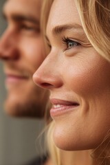 Obraz premium Beautiful woman and man in a close up portrait, happy and looking ahead
