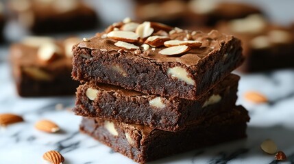 Stack of rich, fudgy brownies topped with almonds