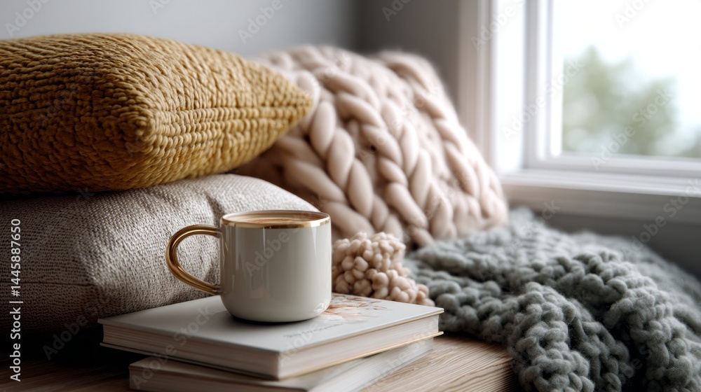 Aufkleber nestled in a quiet corner, soft pillows surround a warm cup of coffee resting on stacked books, crea