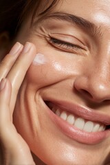 Smiling woman applying facial cream, showcasing skincare routine and a healthy lifestyle.