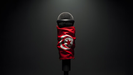 Tunisia’s flag chokes a microphone, symbolizing lingering repression. Dark lighting dramatizes the frayed fabric. A haunting minimalist statement.