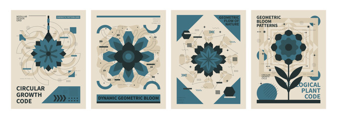 Geometric Floral Posters: A set of four stylish posters featuring abstract geometric floral designs in a muted teal and beige color palette. Perfect for adding a touch of modern art to any space.