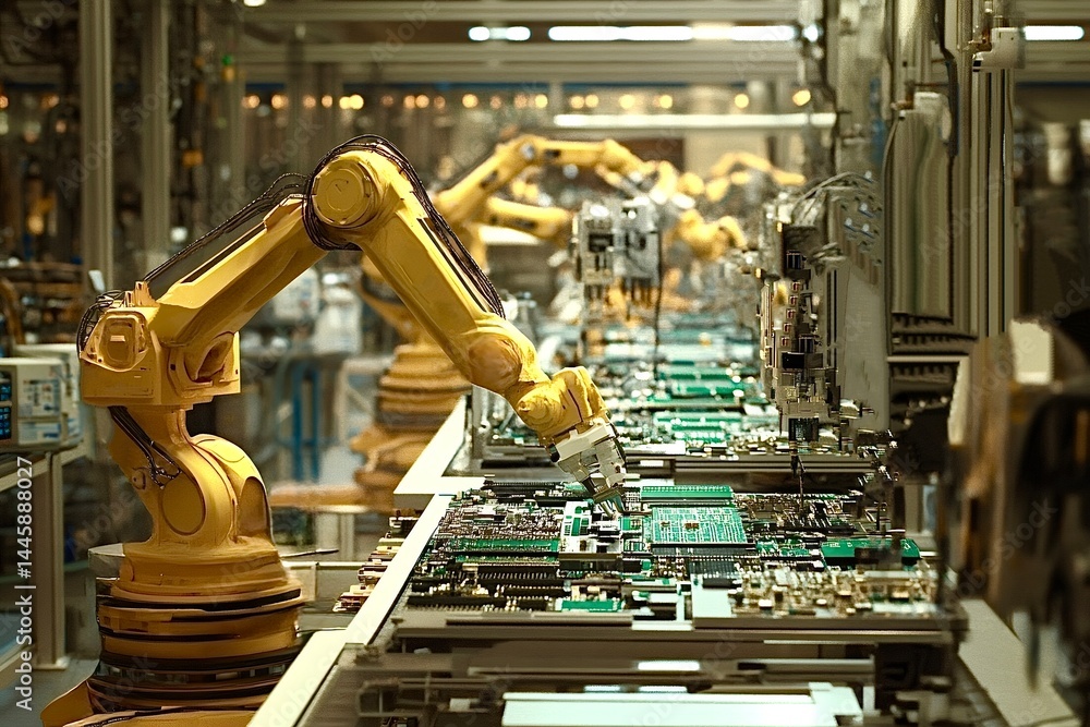Poster robotic arms assembling circuit boards in modern factory
