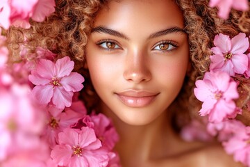 Naklejka premium Gorgeous middle eastern young woman surrounded by cherry blossoms. Spring mood, golden hour in sunset. Commercial promotion visual idea. Spring fashion woman with colorful flowers.