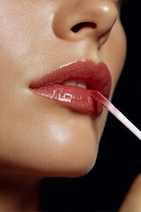 A close-up shot of a person applying a glossy lip gloss, highlighting radiant lips and skin.