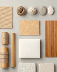 Arranging smooth wooden objects with cotton twine and stone textures on paper scraps in a minimalist setup