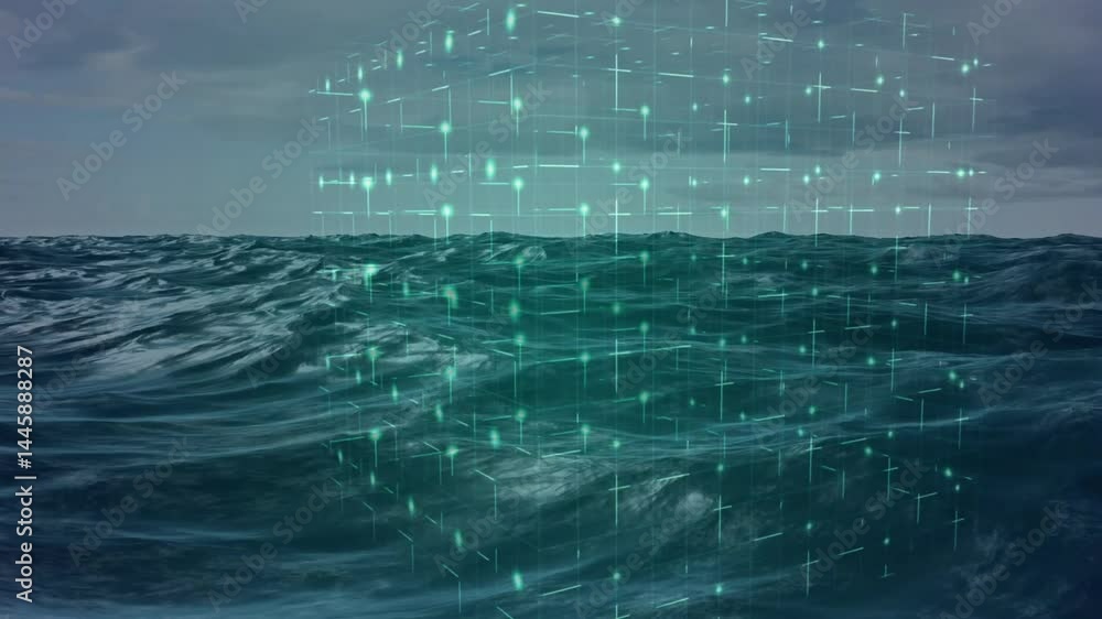 Poster holographic digital grid floating above ocean waves, showing glowing teal nodes mapping data flow