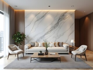 Elegant Living Room Interior with Modern Sofa and Marble Wall
